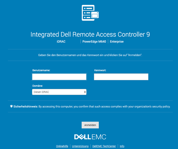 Anmeldemaske zum <u>D</u>ell <u>R</u>emote <u>A</u>ccess <u>C</u>ontroller 9 mit Lifecycle Controller